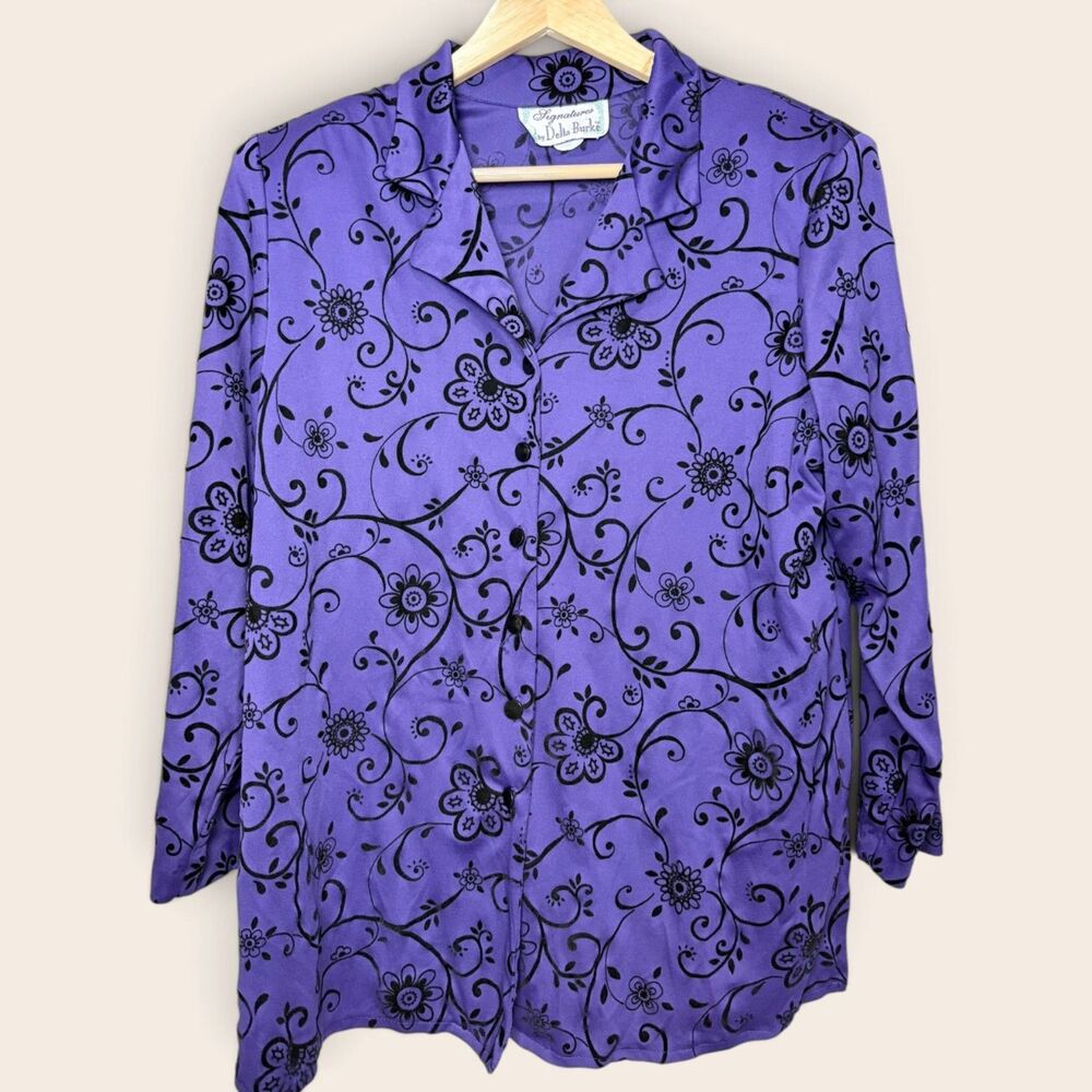 Vintage 90s Delta Burke Purple Flocked Floral Blouse Whimsigoth Boho Y2K L